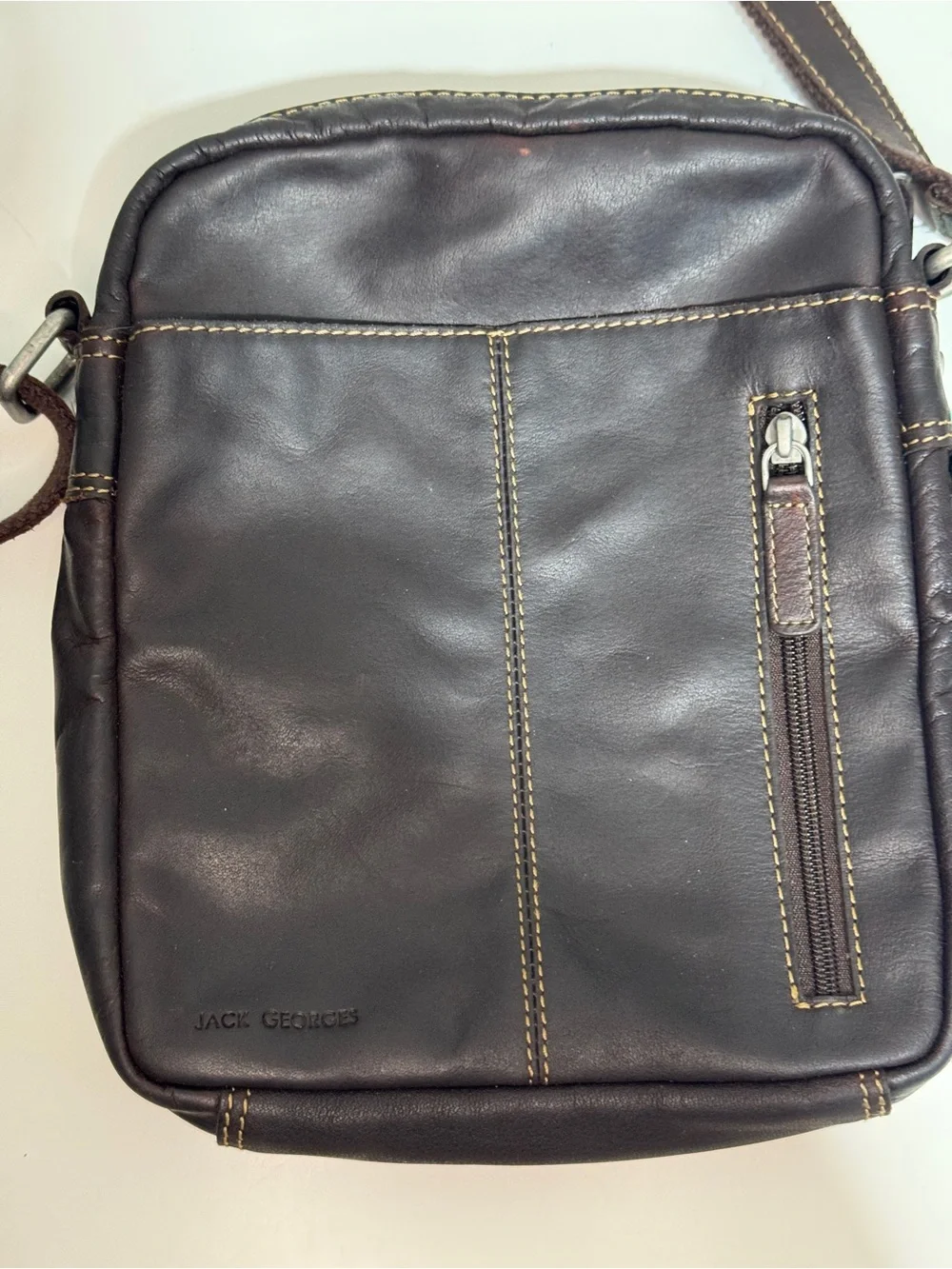 Jack Georges Men's Dark Brown Leather Crossbody Travel Bag  Zipper top closure